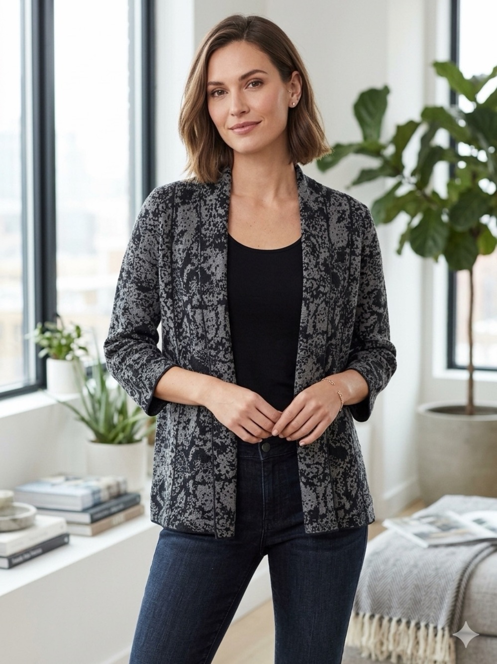 Christopher & Banks Cardigan Black Gray Open Front Cotton Sweater Size Large